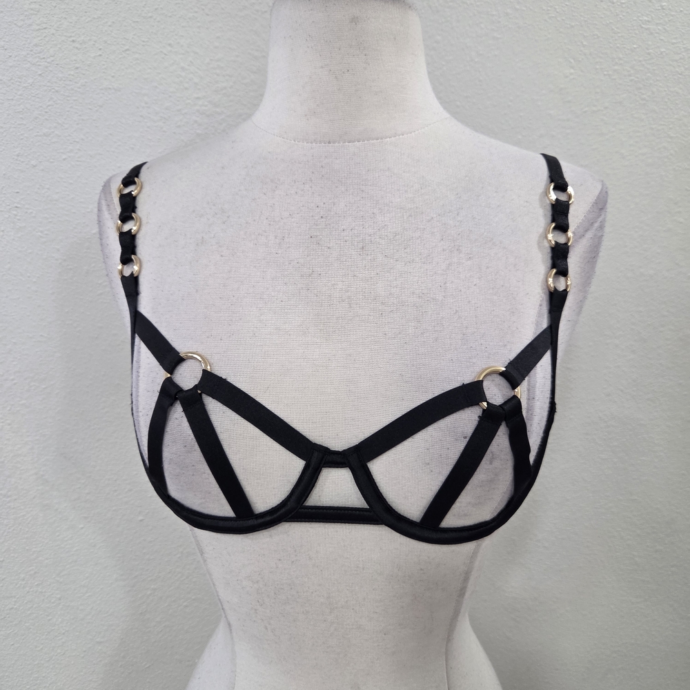 Victoria's Secret Black Strappy Cage Bra with Gold Rings